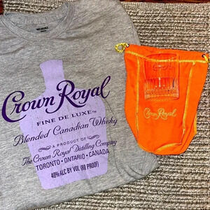 Crown Royal gray short sleeve t-shirt (med), 2 crown bags, 1 glass (4 PC BUNDLE)